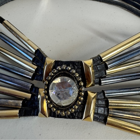 Vintage 80s Rare Jose Cotel Paris Black Jeweled Art Deco Leather Belt - Picture 4 of 16